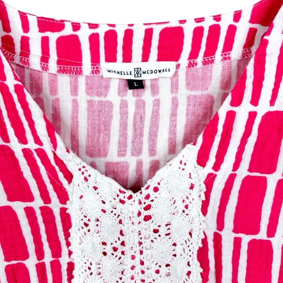 Michelle McDowell Gauze Babydoll Dress Pink White Geometric Print Crochet Lace - Picture 7 of 11